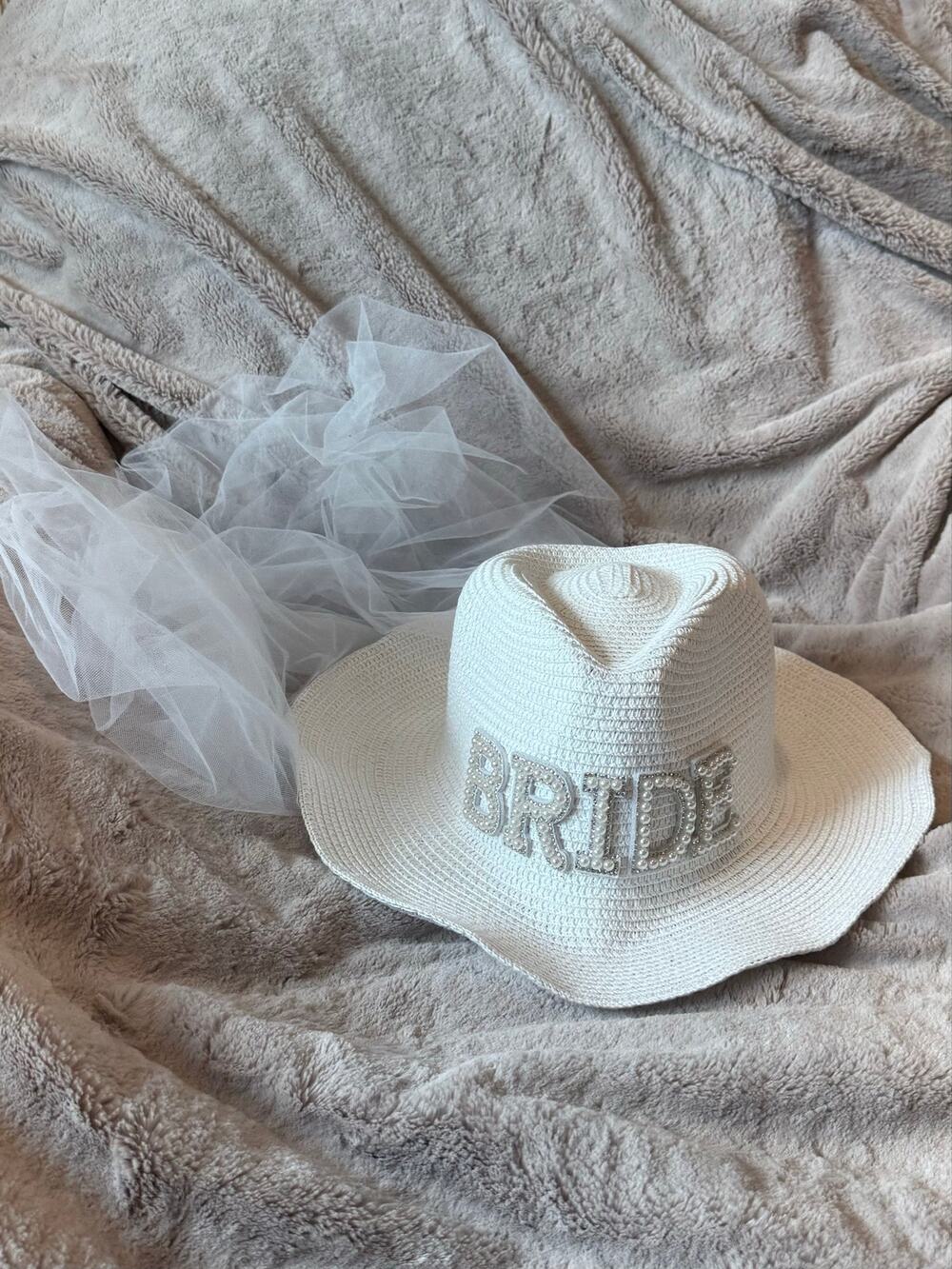 Bridal Bride Bachelorette Party Pearl Embellished Straw Boho Cowboy Hat w/ Veil